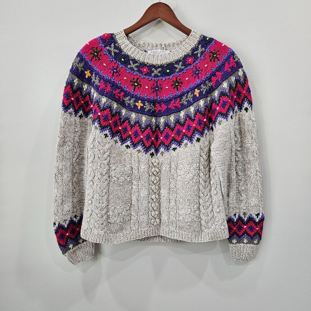 Vintage Portraits by Northern Isles Handknit Floral Sweater Bobble Fair Isle PM